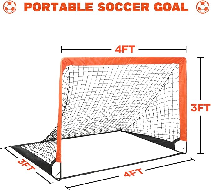 Simple Deluxe 4‘x3’ Portable Soccer Goal, Pop Up Folding Soccer Net Comes with 2 Oxford Cloth Bags and 8 Stakes, Great for Training for Backyard, 2 Set, Orange & Black