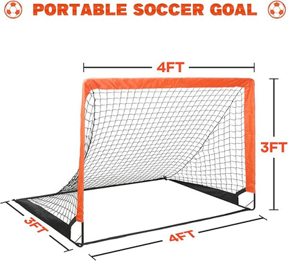 Simple Deluxe 4‘x3’ Portable Soccer Goal, Pop Up Folding Soccer Net Comes with 2 Oxford Cloth Bags and 8 Stakes, Great for Training for Backyard, 2 Set, Orange & Black