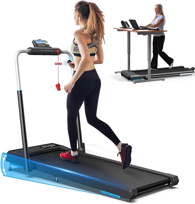 6% Incline Walking Pad Treadmills, Under Desk Treadmill 330lb Capacity for Home Small Space, Mute Control Portable Foldable Adjustable Incline Treadmill, Works with ZWIFT KINOMAP, Easy to Move