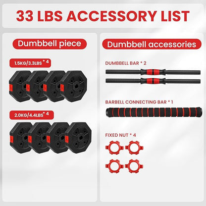 Adjustable Dumbbells Set 22LBS/33LBS/44LBS/55LBS/66LBS Free Weight Set with Connector, Free Weights Dumbbells Set for Barbell, Weightlift, Fitness Exercises for Home Gym Men Women