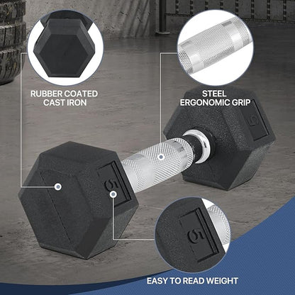 MADOG Hex-Dumbbells, Rubber Coated Cast Iron Dumbbell Set, Hand Weights With Anti-Slip Grip, 5-25 LBS