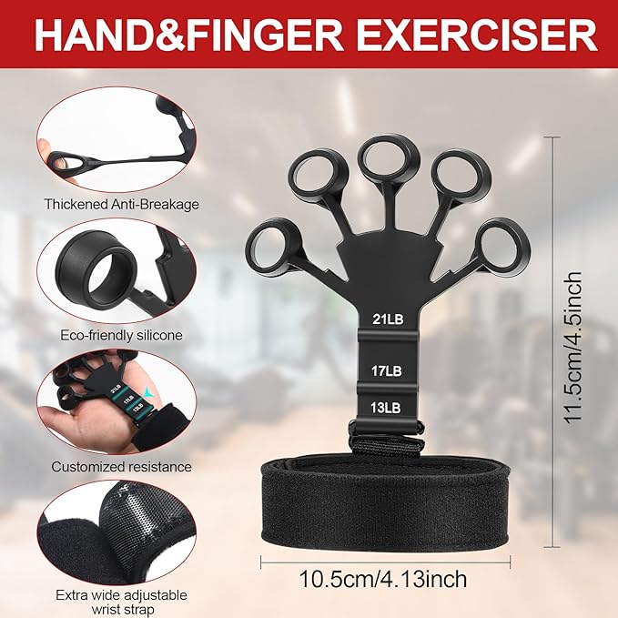 Hand Grip Strengthener Workout Kit with Finger Exerciser, Adjustable Resistance Hand Gripper,Stress Relief Ball and Forearm Workout Ring for Muscle Building and Injury Recover