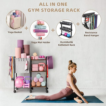 Yoga Mat Storage Rack Home Gym Equipment Storage Organizer Yoga Mat Holder for Yoga Mat Foam Roller Dumbbells Kettlebells Resistance Bands and More Gym Accessories Women Men Workout Equipment