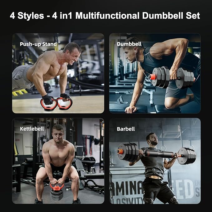 RUNWE Adjustable Dumbbell Barbell Set - 33/44/66/88lb Dumbbell Set, 4 in1 Dumbbell, Adjustable Kettlebell Pair, Barbell and Push up Bar, All-in-one Free Weight [Upgraded Double-lock Nuts]