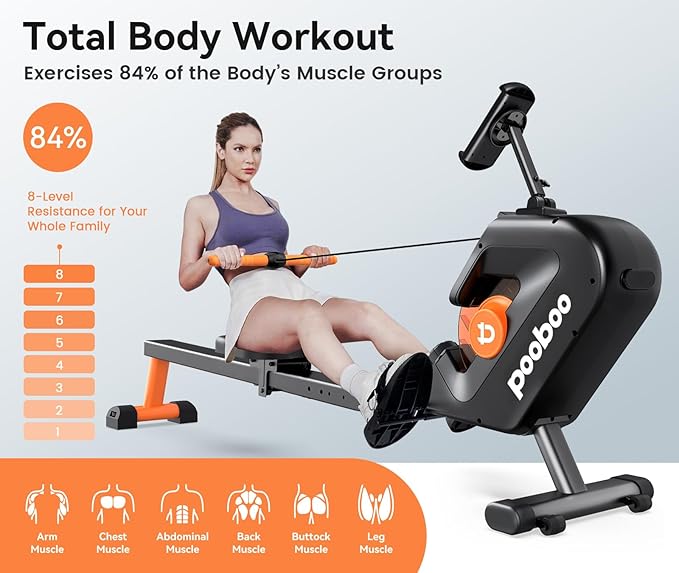 pooboo rowing machine, Max 350 LBS Magnetic Rower with LCD Monitor, Tablet Holder, Upgraded Rowing machines for home use