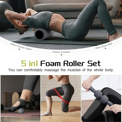 5-in-1 Foam Roller Set, Massage Roller Stick, Massage Ball, Resistance Band for Deep Muscle Massage, Trigger Point Release, Pilates, Yoga (Grey)