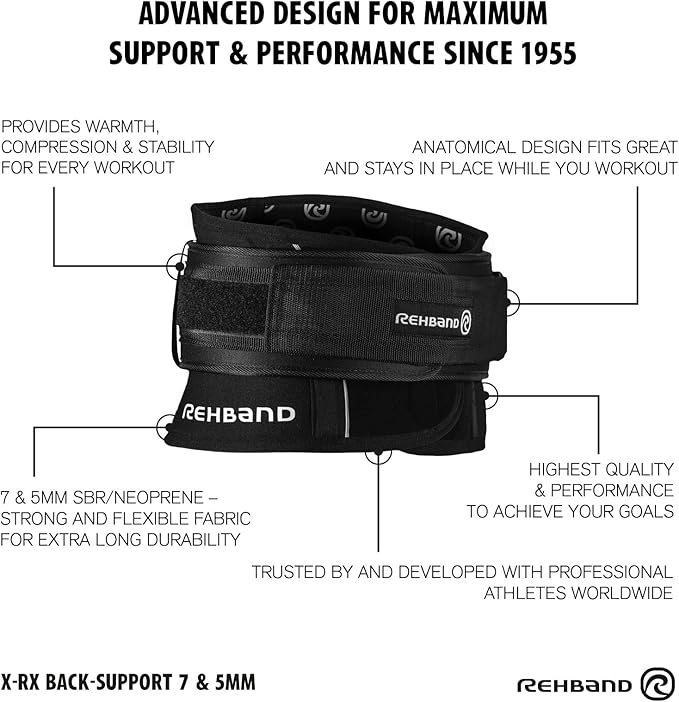 Rehband X-RX Back Support, Heavy weightlifting support 7mm neoprene, 2-in-1 back support with integrated lifting belt for heavy weight lifting workouts