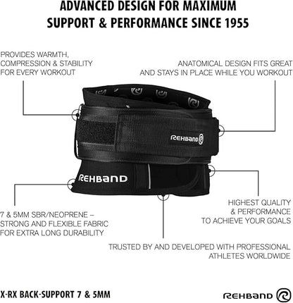 Rehband X-RX Back Support, Heavy weightlifting support 7mm neoprene, 2-in-1 back support with integrated lifting belt for heavy weight lifting workouts