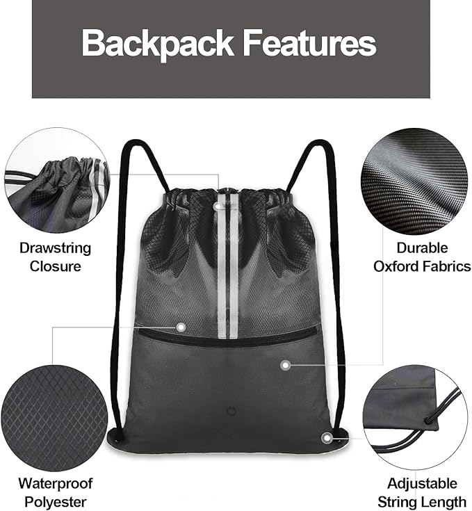 Drawstring Backpack Bag Gym Cinch Draw String Back Bag for Men Women Shopping Sports (Gray)