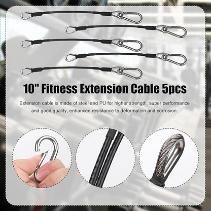 5pcs Gym Extension Cables + 5pcs Carabiners, 10" Fitness Extension Cords Attachment Replacement Compatible with Bowflex for LAT/Tricep Pull Down and Leg Exercise Home Gym Machine Accessories