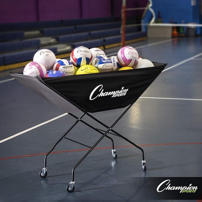 Champion Sports Volleyball Cart with Wheels, Holds up to 24 Balls - Collapsible, Portable Ball Storage with Sturdy Aluminum Frame, Hammock Style Bag - Premium Volleyball Equipment and Accessories , Black