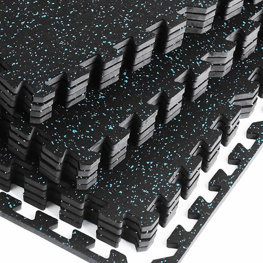 0.56 Inch Thick Gym Flooring for Home Gym with Rubber Top - 48 Sq Ft Interlocking Gym Floor Tiles - Workout Equipment Vibration Reduction Mats - 12 Pcs 24 x 24in Tile, Black & Blue