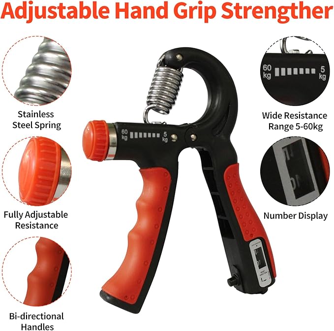 Grip Strength Trainer, Hand Gripper Strengthener with Adjustable Resistance 11-132 Lbs (5-60kg), Forearm Strengthener with Non-Slip Gripper for Muscle Building and Injury Recover Gym/Home