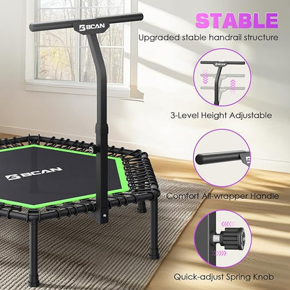 BCAN 48"/51" Mini Trampoline, 450/550 LBS Fitness Trampoline with T-Adjustable Handle Bar, Bungees, Stable & Quiet Exercise Rebounder for Adults Indoor/Garden Workout-Green