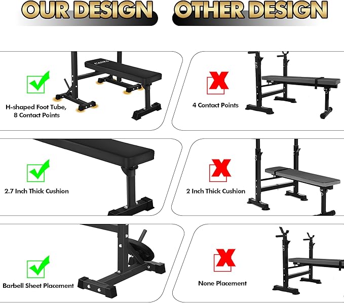 Bench Press, CANPA Olympic Weight Bench with Squat Rack Workout Bench Adjustable Barbell Rack Stand Strength Training Home Gym Multi-Function