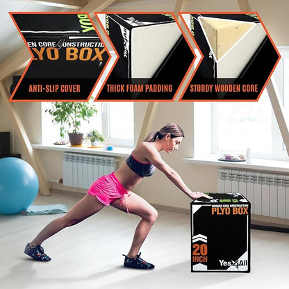 Yes4All 3-in-1 Soft-Padded Plyo Box With Wooden Core, Non-Slip Multi-Use Cushioned Plyometric Jump Box for Jumping, Conditioning, Strength Training