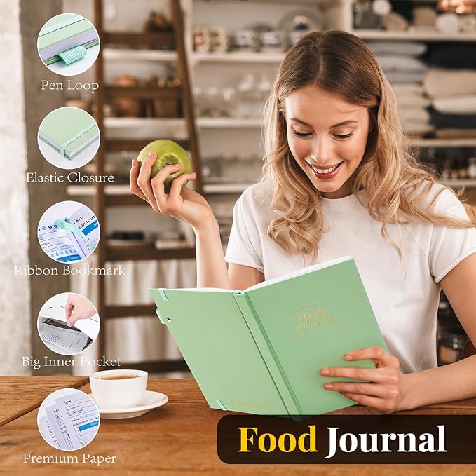 Food Journal, Weight Loss Journal for Women, Food Diary to Track Meals, A5 Size Calories Counter Book, 180 Days Diet Wellness Planner for Healthier Lifestyle -Green