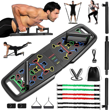 KUYOU Portable Home Gym Workout Equipment, Push Up Board, Pilates Bar & Fitness Accessories with Resistance Bands for Upper Body Strength Training Full Body Workout at Home