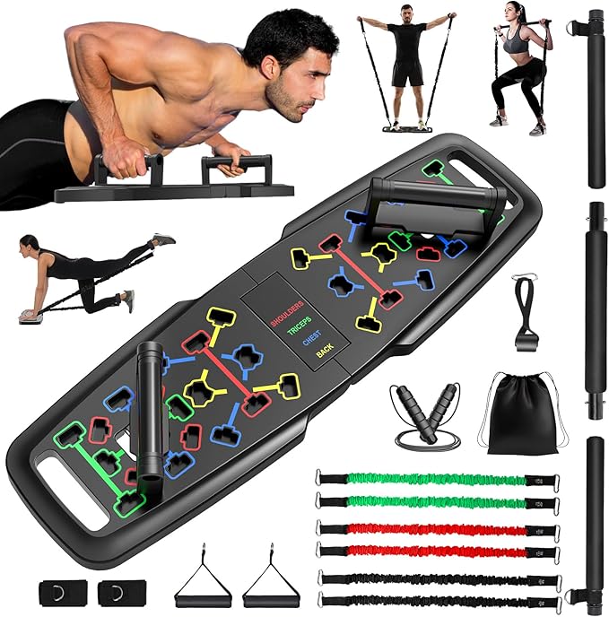 Foldable Push Up Board, Home Gym Push Up Bar, Portable Push up Handles for Floor, Pilates Bar & Fitness Accessories with Resistance Bands for Upper Body Strength Training Full Body Workout