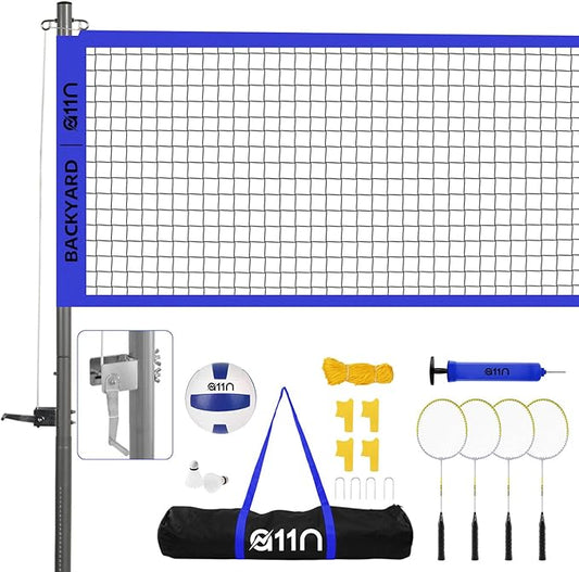 A11N Outdoor Volleyball and Badminton Combo Set - Includes Adjustable Height Anti-Sag Net, Volleyball, Air Pump, 4 Badminton Rackets, 2 Shuttlecocks, Boundary Line Marker, and Carrying Bag