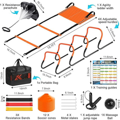 Agility Speed Training Equipment Set - 20ft Speed Ladder 12 Cones, 4 Adjustable 3 Resistance