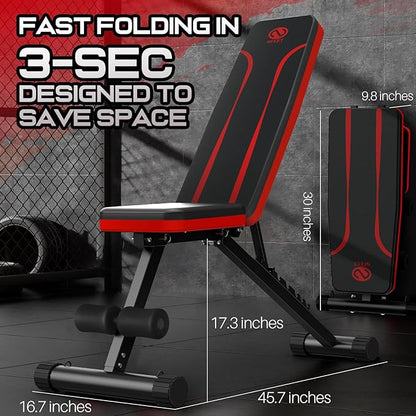 Adjustable Weight Bench for Full Body Workout, Foldable Workout Bench for Home Gym, Multi-Purpose Weight Bench with 3-Sec Folding& Fast Adjustment for Bench Press Sit up Incline Flat Decline