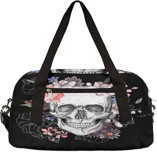 Sugar Skull Flower Halloween Gym Bag for Women Men, Small Travel Duffel Bag for Sports Getaway Overnight Bag Lightweight Weekender Bags Workout Bag Dance Bag for Boys Girls Kids Teens