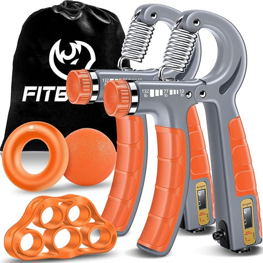 FitBeast Hand Grip Strengthener Workout Kit (5 Pack), 2 Forearm Grip Adjustable Resistance Hand Gripper, Finger Stretcher, Grip Ring & Stress Relief Grip Ball for Athletes