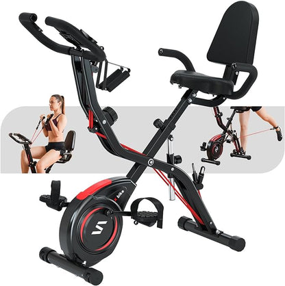 Folding Exercise Bike with Arm & Leg Band, Foldable Stationary Bike for Seniors, Recumbent Exercise Bike for Home, Pluse Sensor, Back Rest, Large Seat, 330lbs Max Weight