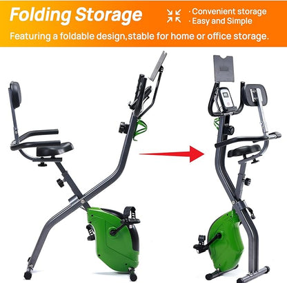 Indoor Folding Exercise Bike, Semi Recumbent Magnetic Upright Exercise Bike, Magnetic X-Bike with 8-Level Magnetic, Adjustable Seat Backrest , Pulse Sensors and Tablet Holder & Bottle Holder for