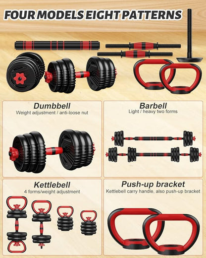 Adjustable Dumbbell Set - Free Weights Set with Connector - 4 in1 Weights Dumbbells Set Used as Barbell, Kettlebells, Push up Stand - Fitness Exercises for Home Gym Exercises