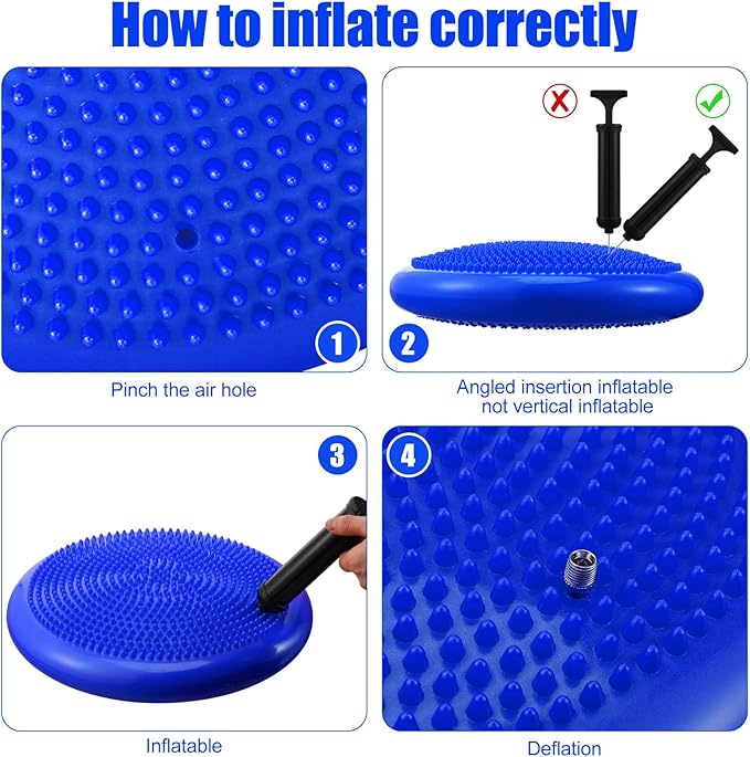 Sotiff 4 Pcs Inflated Wobble Cushion Flexible Wiggle Seat 14” L x 3.2” H Stability Balance Disc with Pump for Sensory Kids Adult Physical Exercise Equipment