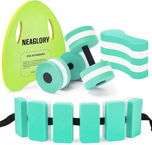 NEAGLORY 5 Pieces Water Aerobics Set Aquatic Exercise Set Pool Fitness Equipment Foam Water Dumbbell, Swim Kickboard, Pull Buoy, Aquatic Swim Belt for Water Exercise