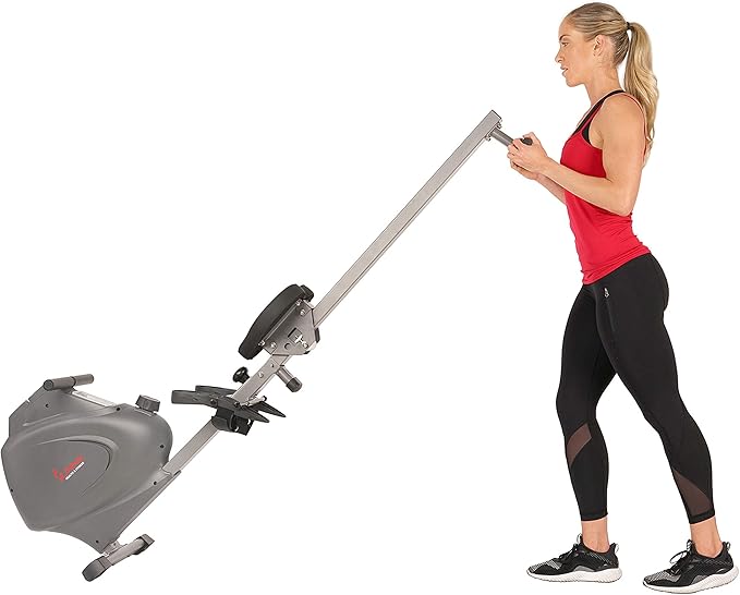 Sunny Health & Fitness Compact Folding Magnetic Rowing Machine with 43 Inch Slide Rail, 285 LB Max Weight, Synergy Power Motion, LCD Digital Monitor, Super Quiet & Smooth, and Ergonomic Foot Pedals