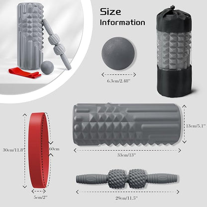 5-in-1 Foam Roller Set, Massage Roller Stick, Massage Ball, Resistance Band for Deep Muscle Massage, Trigger Point Release, Pilates, Yoga (Grey)