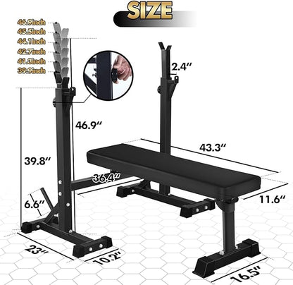 Bench Press, CANPA Olympic Weight Bench with Squat Rack Workout Bench Adjustable Barbell Rack Stand Strength Training Home Gym Multi-Function