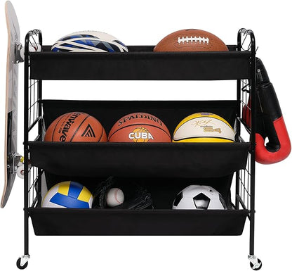 StorageWorks Garage Sports Equipment Organizer with Hooks, Ball Rack Organizer with Wheels, 3-Shelf Ball Rack for Basketball, Football, Volleyball, Large