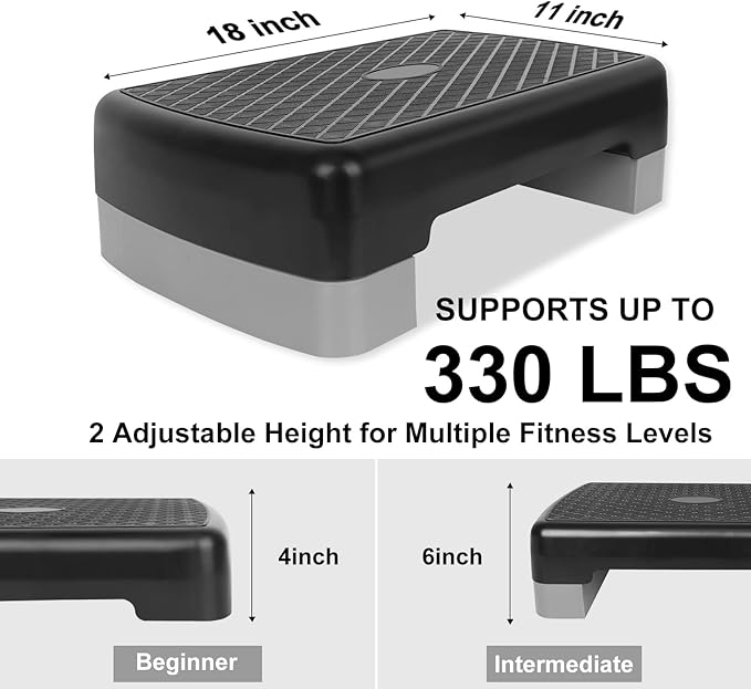 Height-Adjustable 4"-6" Step Aerobics Platform Fitness Equipment Stepper Trainer Exercise Step Platform with 2 Riser