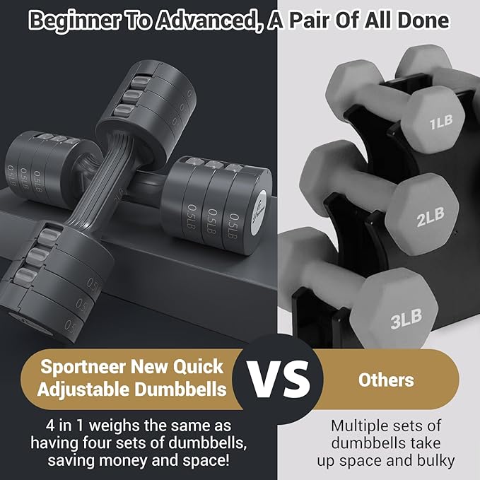 Adjustable Dumbbells Hand Weights Set: Sportneer 5 lb Dumbbells Set of 2 Each 2lb 3lb 4lb 5lb Free Weights Fast Adjust Weight 4 In 1 Weights Dumbbells Set for Women Men Home Gym Exercise Training