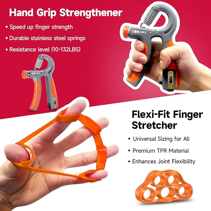 FitBeast Hand Grip Strengthener Workout Kit (5 Pack), 2 Forearm Grip Adjustable Resistance Hand Gripper, Finger Stretcher, Grip Ring & Stress Relief Grip Ball for Athletes