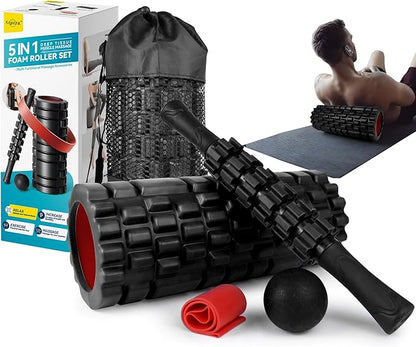 5 in1 Foam Roller Set for Deep Tissue Muscle Massage, High Density Fitness Exercise Foam Roller, Massage Roller, Massage Ball, Resistance Band, for Whole Body (Black)