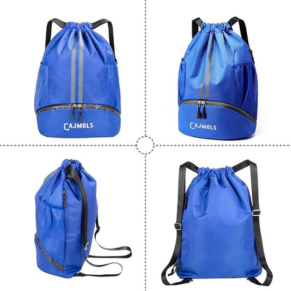 Drawstring Backpack with Ball Compartment Water Resistant Sport Equipment Bag for Soccer Volleyball Baseball Softball Football Yoga Swimming (Q-Blue)