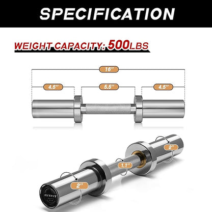 RITFIT 16”/20” Olympic Dumbbell Handles Pair of 500lbs Capacity Loadable Dumbbell Bars with Collars for 2” Olympic Weight Plates Adjustment Perfect for Strength Training in Home Gym