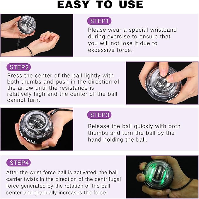 4 Pcs Wrist Trainer Ball Auto Start Hand Gyro Ball Wrist Strengthener Self Starting Forearm Exerciser with Bag and Strap for Strengthening Arms Fingers Wrist Training