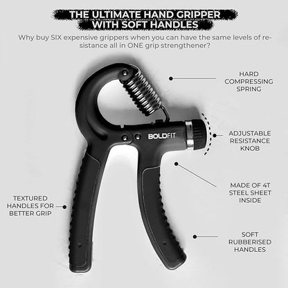 Boldfit Adjustable Hand Grip Strengthener, Hand Gripper for Men & Women for Gym Workout Hand Exercise Equipment to Use in Home for Forearm Exercise, Finger Exercise Power Gripper (5-40 Kg) Black