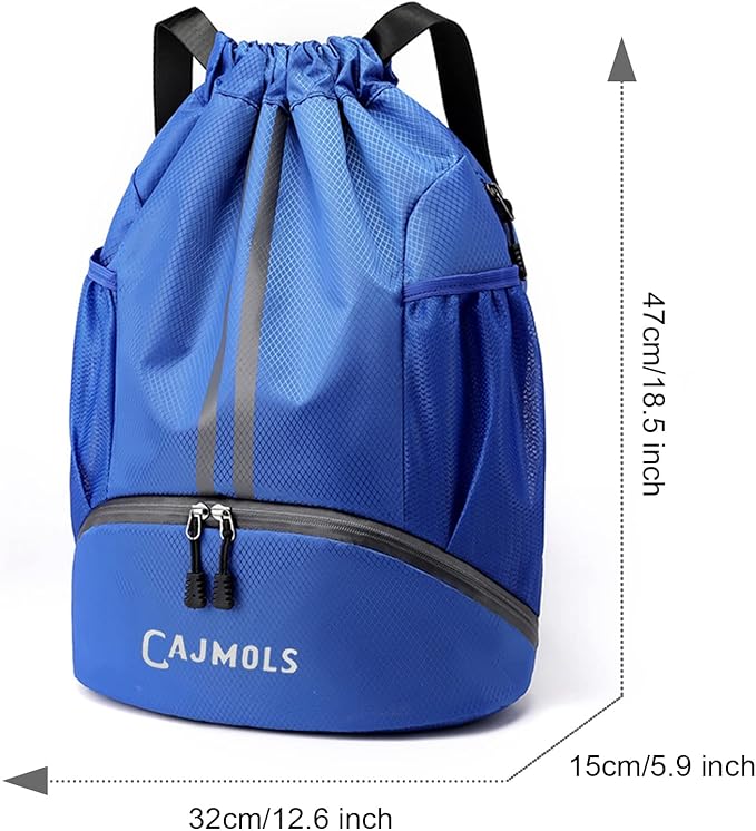 Drawstring Backpack with Ball Compartment Water Resistant Sport Equipment Bag for Soccer Volleyball Baseball Softball Football Yoga Swimming (Q-Blue)