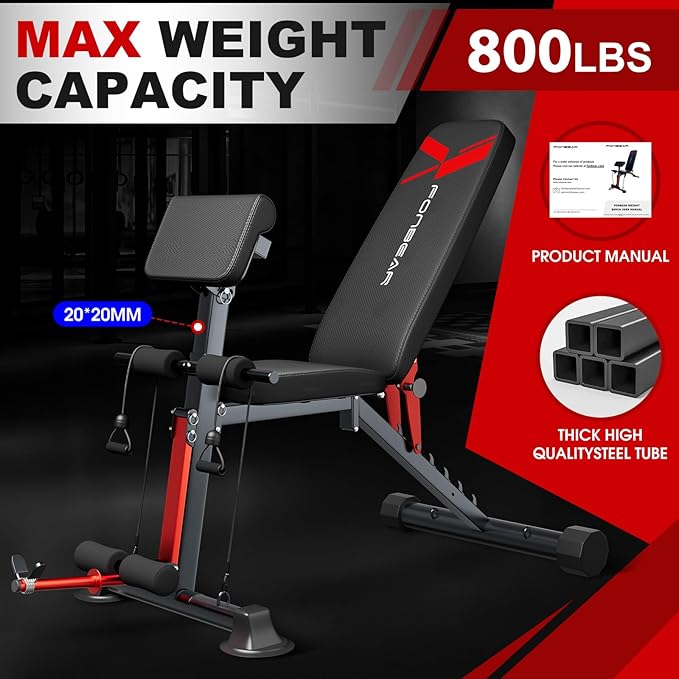 Adjustable Weight Bench, 800LBS Foldable Workout Bench Press for Full Body Strength Training, Multi-Functional Weight Bench, Roman Chair, Incline Decline Bench, Fast Folding