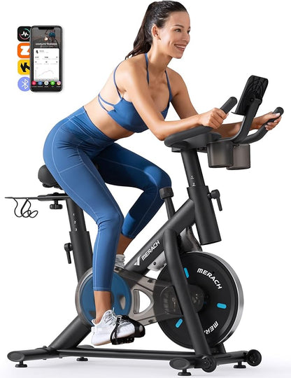 MERACH Exercise Bike, Brake Pad/Magnetic Stationary Bike with Exclusive App, Low Noise Indoor Cycling Bike with 270lbs Weight Capacity, Dumbbell Rack and Free Fitness Courses