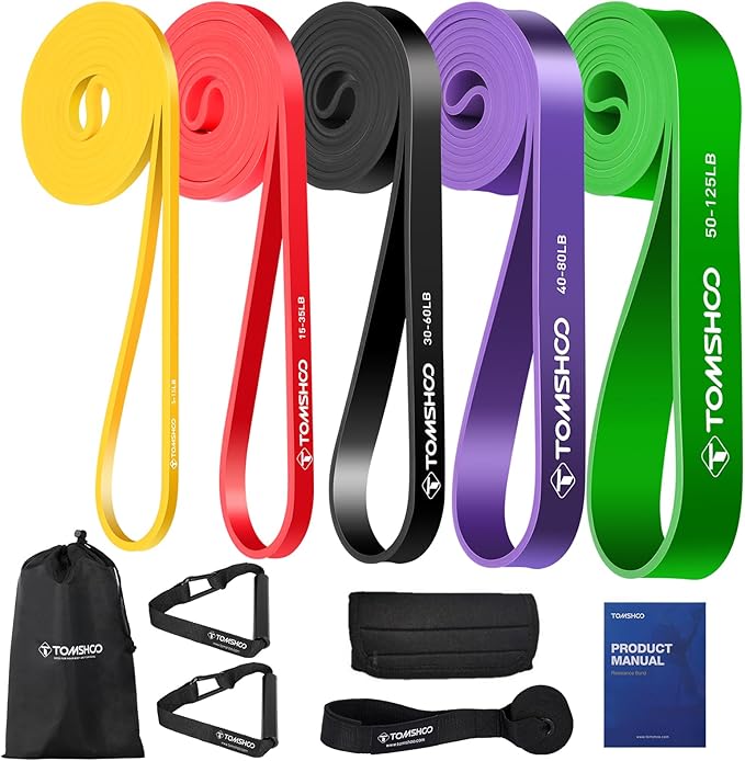 TOMSHOO Resistance Bands Set, 4/5 Pcs Fitness Exercise Workout Bands with Storage Bag, Door Anchor, Handles, Pull Up Assistance Straps for Working Out, Body Stretching, Physical Therapy, More