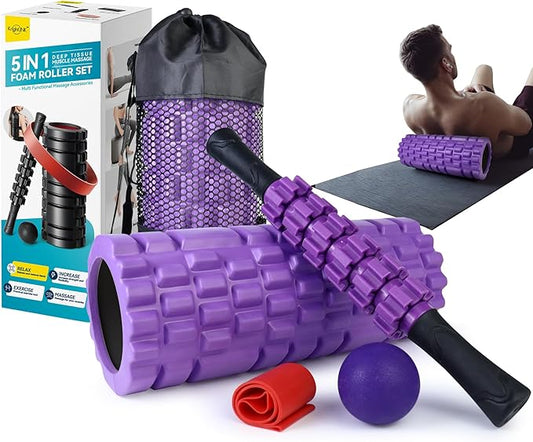 5 in1 Foam Roller Set, High Density Deep Tissue Massager for Muscle Massage, Massage Roller, Massage Ball, Resistance Band for Whole Body Physical Therapy Deep Muscle Massage (Purple)